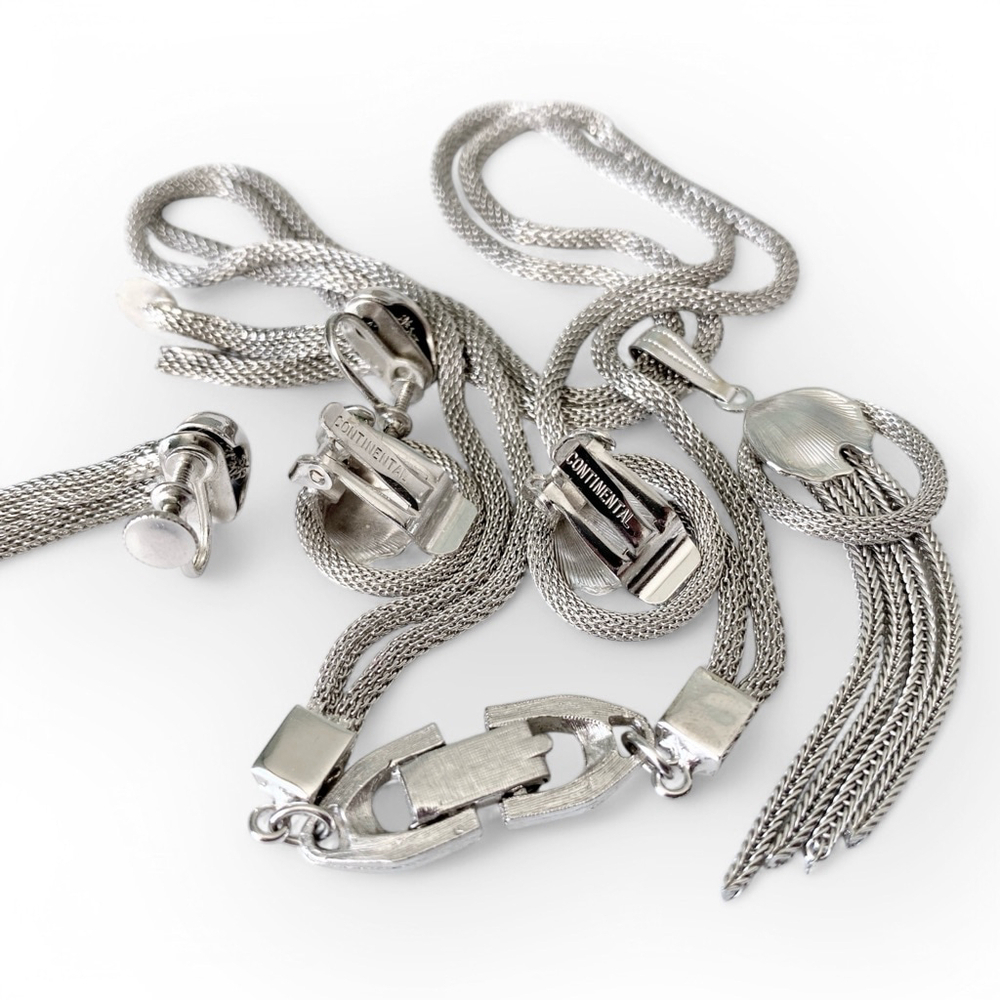 Vintage Continental Silver-tone Mesh Jewelry Set Necklace Earrings Pairs Lot - Picture 9 of 9